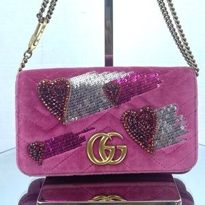 GUCCI GG MARMONT VELVET MINI FLAP BAG FUSHIA AND DIANA CHANEL FLAP BAG BUNDLE
